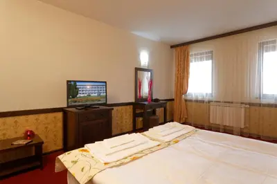a bedroom with a large bed and a flat screen tv at Trinity Residence Bansko with Free Shuttle to Gondola in Bansko
