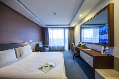 a hotel room with a bed and a desk at Uva Nestum Wine & SPA in Gotse Delchev