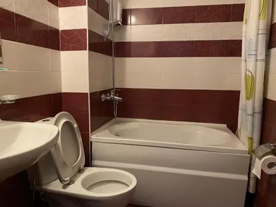 a bathroom with a toilet and a tub and a sink at Червената Шапчица Апартамент Гранд Манастира in Pamporovo