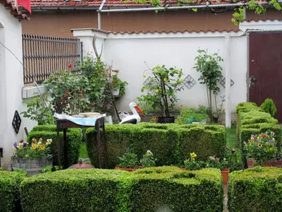 a garden with green hedges and plants and flowers at Villa Bella - A Rila Monastery Adventure in Kocherinovo