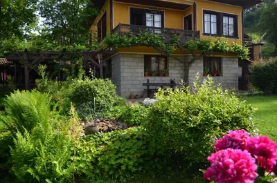 a house with a garden in front of it at Dona Guest House - Horse Riding in Koprivshtitsa