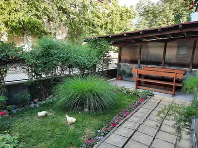 two ducks in a garden with a bench and flowers at Апартаменти за гости ,,Тракия'' in Hisarya