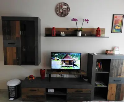 a living room with a flat screen tv on a table at Vintage Studio Mladost in Sofia