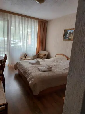 a hotel room with a bed and a chair at Хотел Лагуна in Dospat