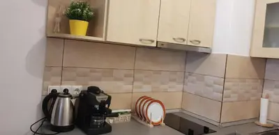 a kitchen with a counter top with a coffee maker at Karastoyanovi's apartment 2 in Sofia