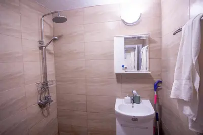 a bathroom with a shower and a toilet and a sink at Karastoyanovi's apartment 2 in Sofia