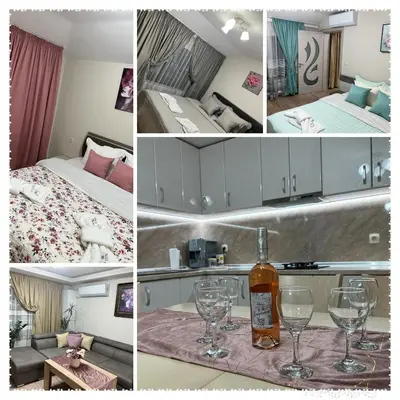 a collage of photos of a hotel room with wine glasses at Къща за гости ТАТЯНА / GUEST HOUSE TATIANA in Petrich