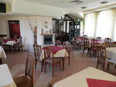 a restaurant with tables and chairs and a fireplace at Family Hotel Daisy in Borino