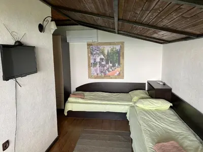 a bedroom with a bed and a flat screen tv at Александрова вила 2 in Zlatograd