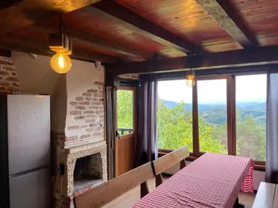 a dining room with a table and a fireplace at Александрова вила 2 in Zlatograd