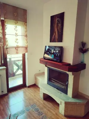 a living room with a fireplace and a television at GD Apartament in Bansko
