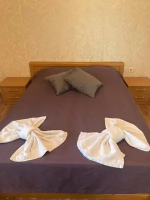 a bed with two white towels on top of it at GD Apartament in Bansko