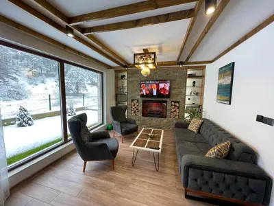 a living room with a couch and chairs and a fireplace at 4U LUXURY VILLA in Dospat
