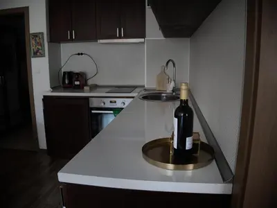 a bottle of wine sitting on a counter in a kitchen at ParkView Complex Large Flat Next to Ski Lift in Bansko