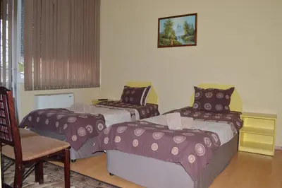 a bedroom with two beds and a chair at Dionis Hotel in Petrich