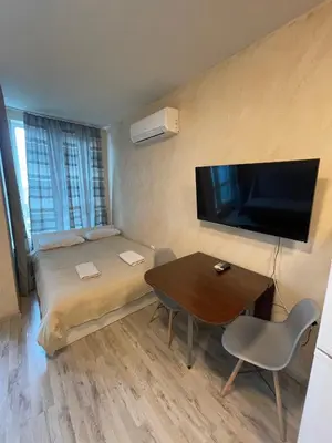 a small room with a bed and a table and a television at Colonel apartment 945 in Sofia