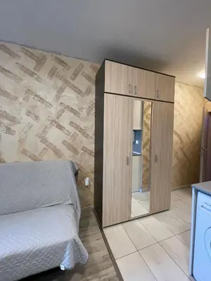 a bedroom with a bed and a cabinet with a mirror at Colonel apartment 946 in Sofia