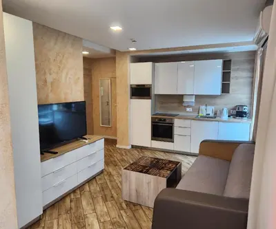 a living room with a couch and a kitchen at Colonel apartment dream in Sofia