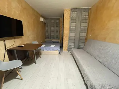 a bedroom with a bed and a desk and a tv at Colonel apartment 955 in Sofia