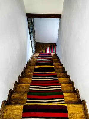 a stairway with a colorful rug on it at Rimovata Kashta Guest House in Leshten
