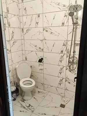 a bathroom with a toilet and a tiled wall at Rimovata Kashta Guest House in Leshten