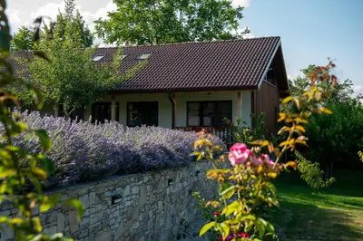 a house with purple flowers on a stone wall at Walnut Cottage 1 in Deredzhik-Kʼoy