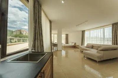 a kitchen and living room with a sink and a couch at апартаменти Пасажио in Sandanski
