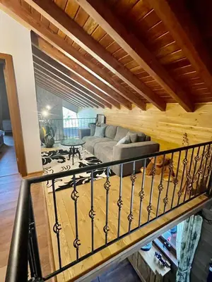 a living room with a couch and a stove at Pirin Golf Penthouse Iliyana in Bansko