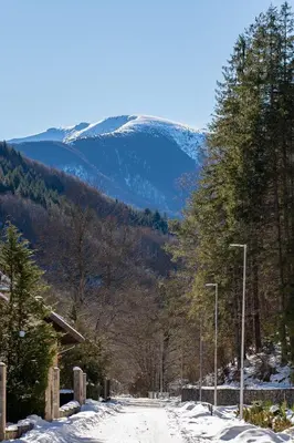 a snow covered road with a mountain in the background at Вила 11 - семейна почивка в сърцето на Балкана in Ribarica