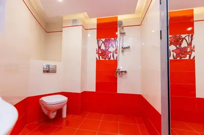 a red bathroom with a toilet and a shower at Мезонет Пасажио in Sandanski