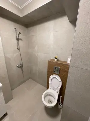 a bathroom with a shower and a toilet in it at Movie flats in Sofia