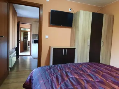 a bedroom with a bed and a tv on the wall at Райчевата къща - Кюстендил in Kyustendil
