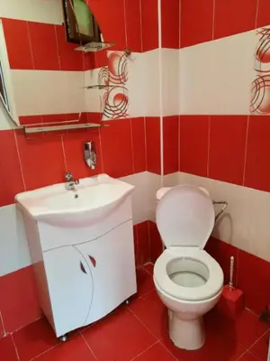 a red and white bathroom with a toilet and sink at Райчевата къща - Кюстендил in Kyustendil
