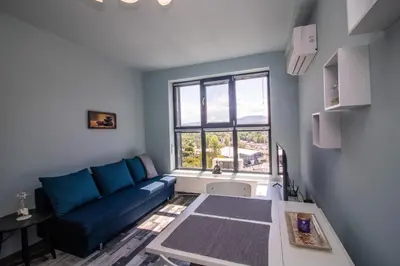 a living room with a blue couch and a window at Mountain View Apartment 1 + Parking in Sofia