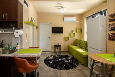 a kitchen and living room with a green couch at Vitosha View Apartment with Parking in Sofia