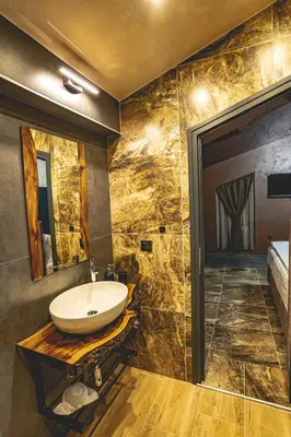 a bathroom with a sink and a shower at Вила АМРИТА in Tsigov Chark