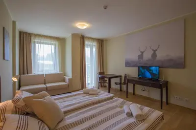 a bedroom with a bed and a couch and a television at Euphoria Club and Resort Rental in Bŭrduche