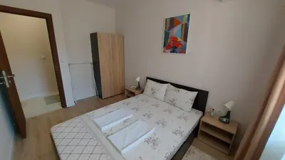 a small room with a bed with a bath tub at White grapes apartment in Petrich