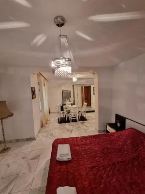 a living room with a bed and a dining room at Tsar Simeon, 2 bedroom, living room and fireplace in Sofia