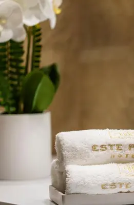 a stack of white towels on a table with a vase at -- ESTE PARK HOTEL -- part of Urban Chic Luxury Design Hotels - Parking & Compliments - next to Shopping & Dining Mall Plovdiv in Plovdiv