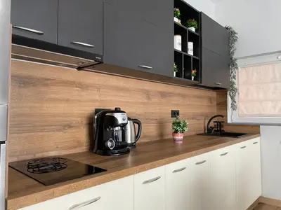 a kitchen with a coffee maker on a counter at La Luna - High-end 2BD Flat in the TOP centre by Flat Mаnager in Sofia