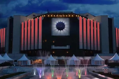 a building with red and white stripes on it at Top Center Studio 1 in Sofia
