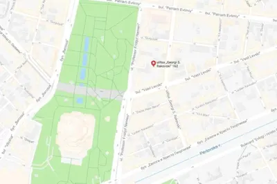 a map of a city with a red dot at Top Center Studio 3 in Sofia