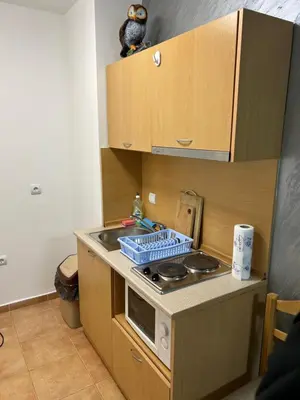 a small kitchen with a stove and a sink at Комплекс Замъка 2 ап 301 in Pamporovo