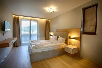 a hotel room with a bed and a window at MOUNTAIN HILL LUXURY VILLA in Madzhare