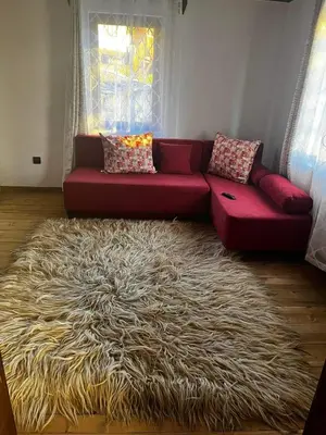 a living room with a red couch with a large shag rug at Къща за гости Близнаците in Leshten