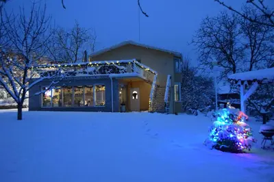 a christmas tree in the snow in front of a building at Къща за гости Кала in Patalenitsa
