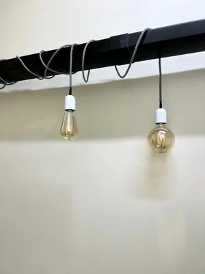 two lights are hanging from a black beam at Flower house 4 in Sofia