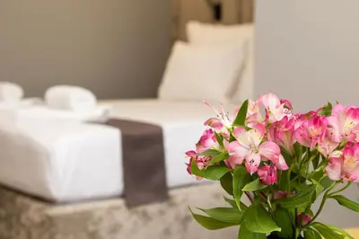 a vase filled with pink flowers in a living room at Abrazo Sofia Hotel by HMG in Sofia
