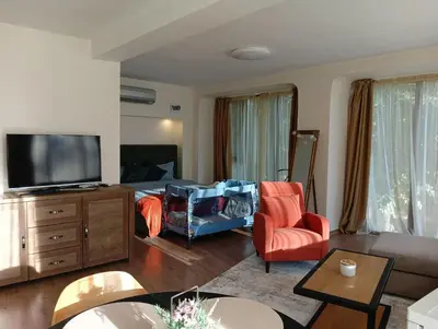 a living room with a couch and a tv at Cozy studio with FRENCH WINDOWS in Plovdiv